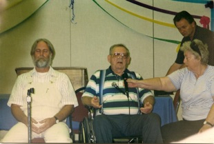 BAKERSFIELD Experiences in the Teaching Mission included the transmissions of Jack Baker, physically disabled but spirit connected. The group welcomed new teachers onto the planet and explored the concept of “reflectivity” in the transmitting process.  At left is another transmitter, Al Wolf. At right, his wife Gerry Baker and Calvin McKee of the Salt Lake City TM group.